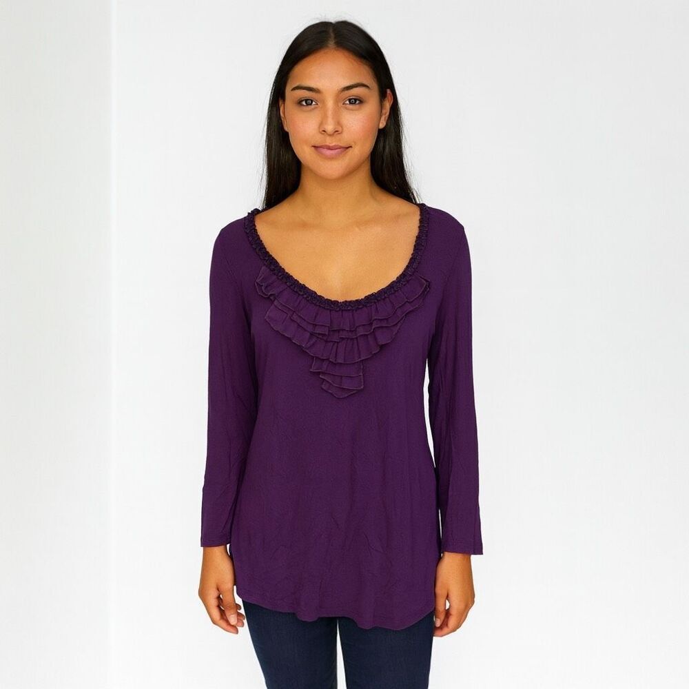 Forever Fashion Petite Solid Purple Round Neck Ruffle quarter Sleeve Spandex PXL